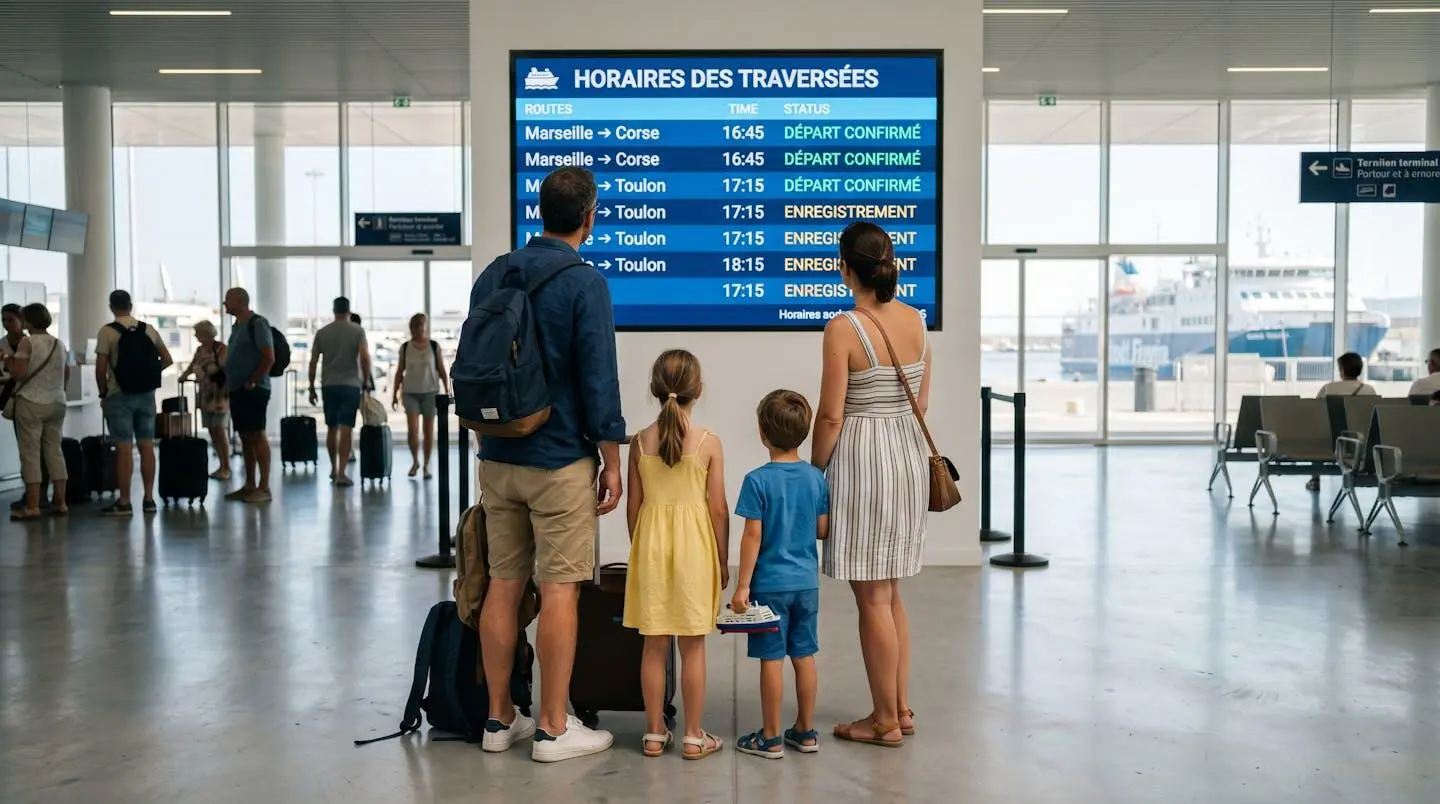 Une famille de quatre personnes vue de dos observe un grand panneau d'affichage dans un terminal maritime moderne, vêtements d'été contemporains, lumière naturelle
