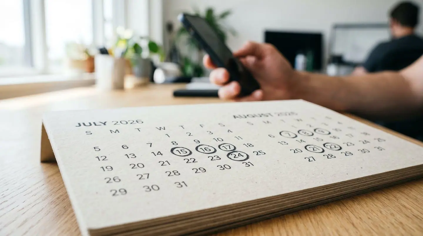 Macro photographie d'un calendrier papier avec les dates de juillet et août entourées au stylo, main floue tenant un smartphone en arrière-plan, surface de bureau moderne claire