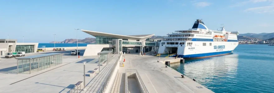 Vue grand angle d'un quai d'embarquement moderne dans un port méditerranéen avec un ferry blanc amarré en arrière-plan sous un ciel bleu matinal