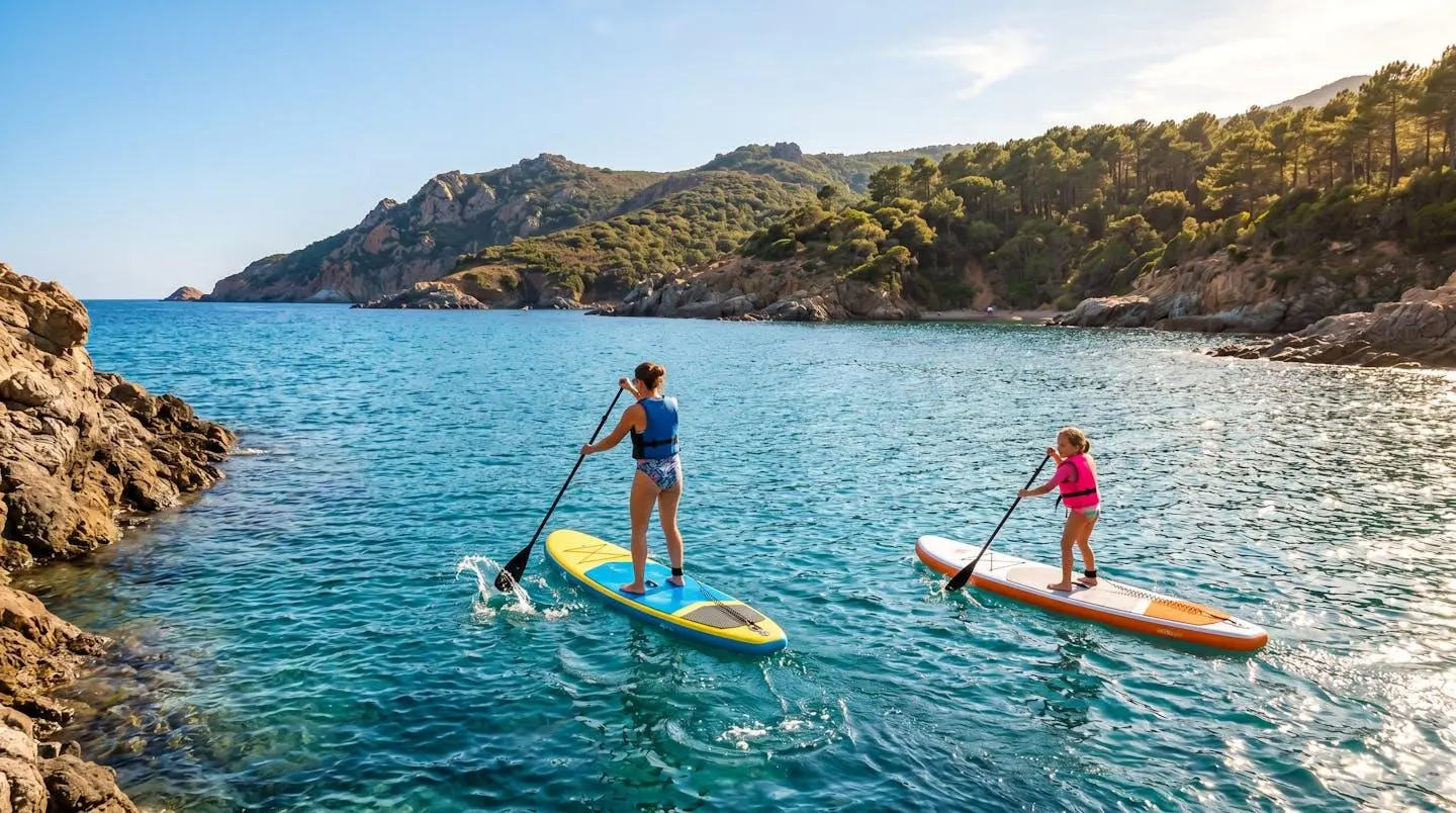 Deux personnes pratiquant le paddle sur les eaux turquoise du golfe du Valinco près de Propriano, avec la côte rocheuse préservée en arrière-plan