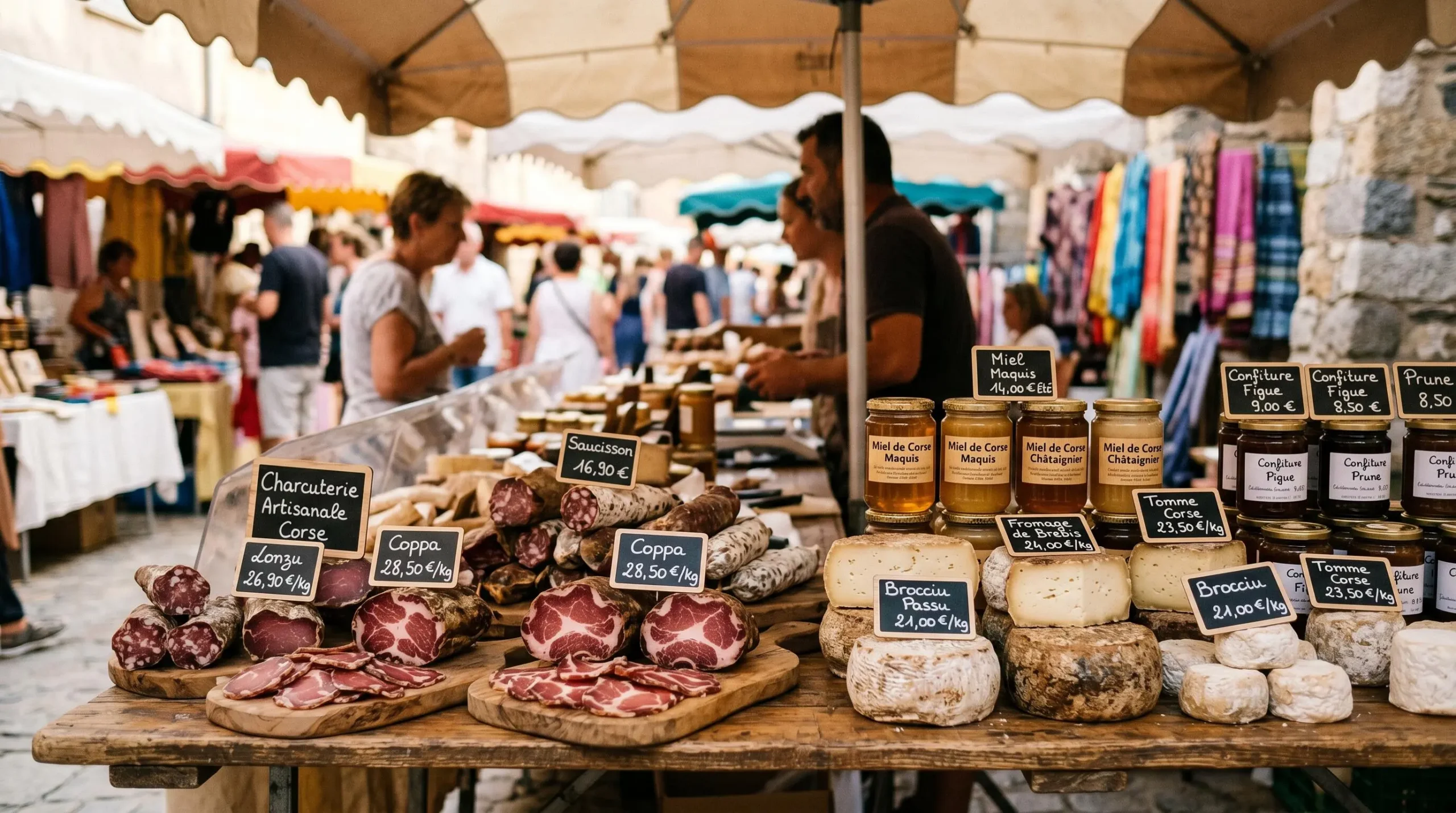 Étal de marché local corse présentant charcuterie traditionnelle, fromages fermiers et produits du terroir artisanaux avec étiquettes prix manuscrites