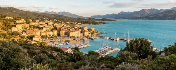 Vue panoramique du port de Propriano et du golfe du Valinco au coucher du soleil, avec le village typique corse, le port de plaisance et les eaux turquoise du golfe s'étendant vers l'horizon