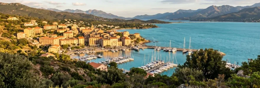 Vue panoramique du port de Propriano et du golfe du Valinco au coucher du soleil, avec le village typique corse, le port de plaisance et les eaux turquoise du golfe s'étendant vers l'horizon